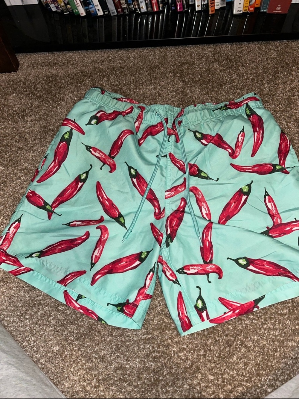 George Aqua Swim Trunks with Red Chili Pepper Print